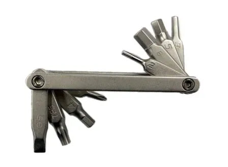 A silver bicycle multi-tool on a white background