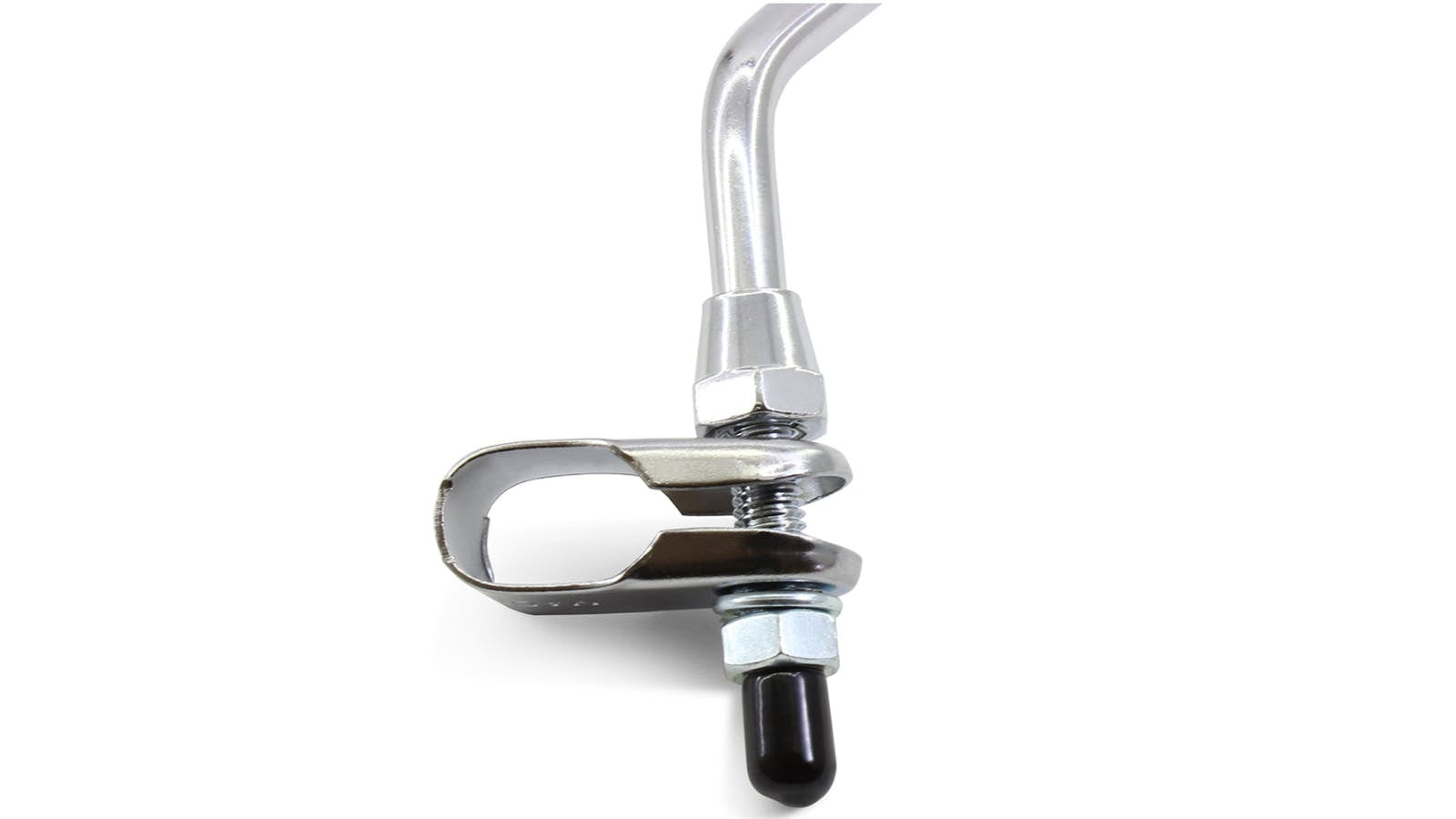 Close up of clamp on a bicycle mirror against a white background