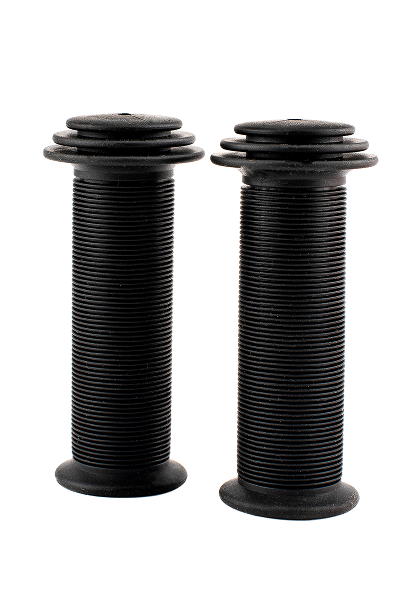 A pair of black bicycle grips on a white background