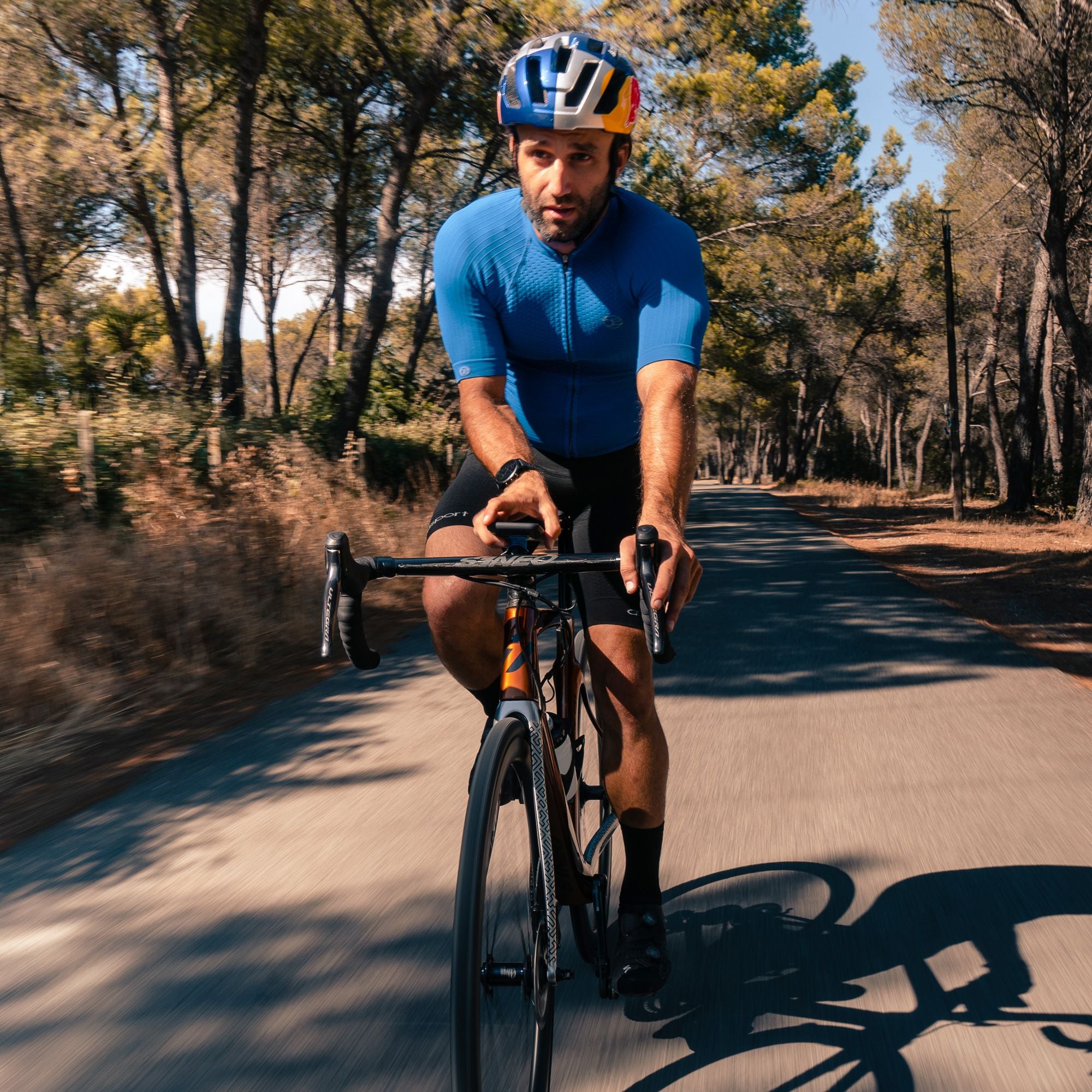 Cyclist in blue jersey and helmet riding on a road with trees in the background