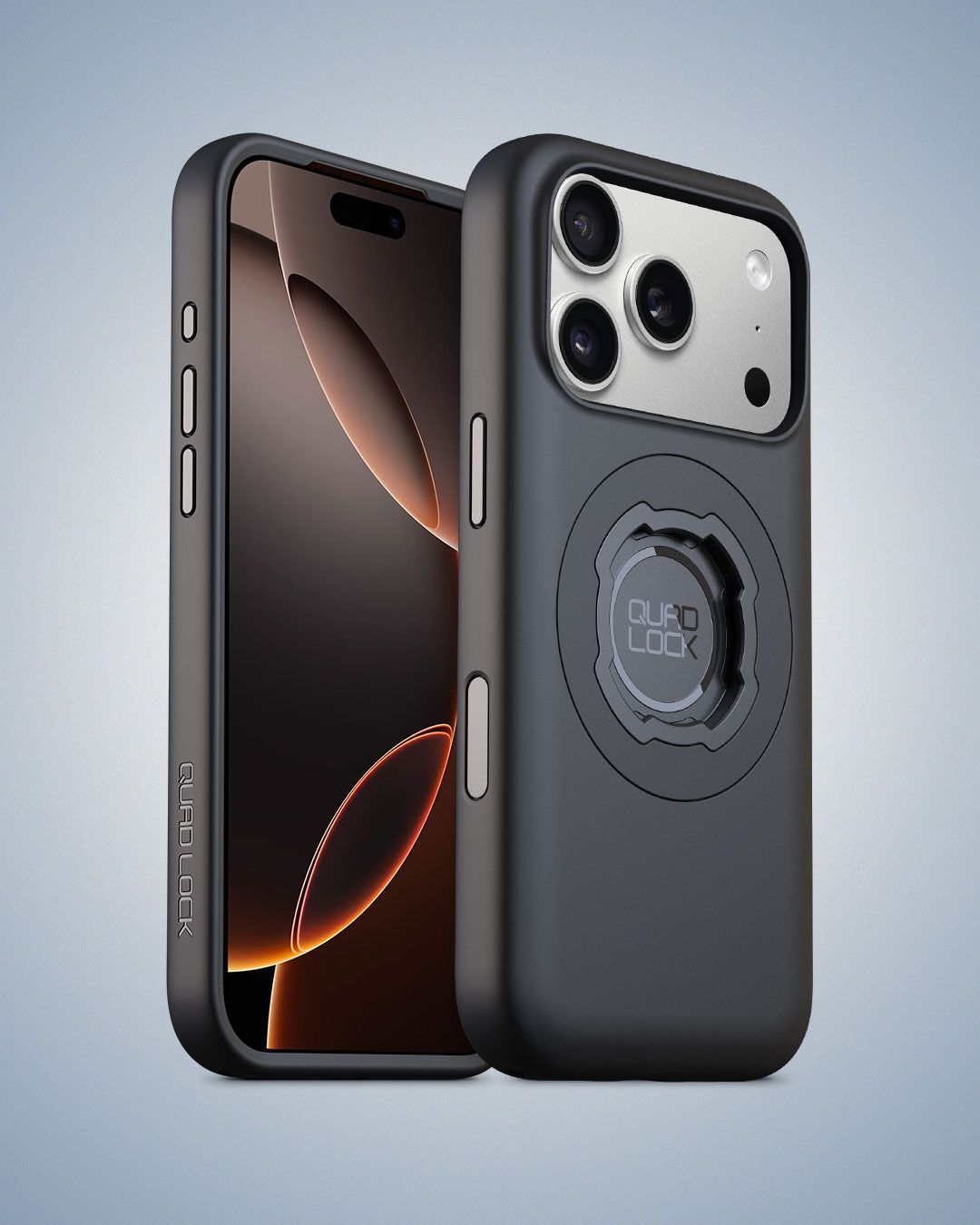 Phone case with 'QUAD LOCK' branding on a gradient background