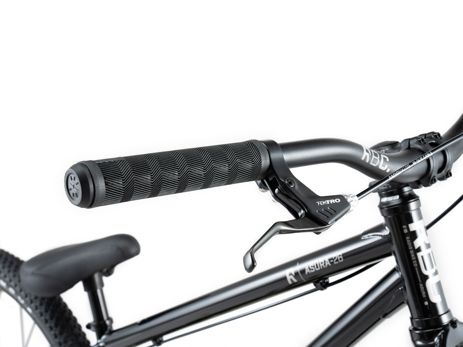 A picture of the handlebar of the Radio Asura Dirt Jumper Bike