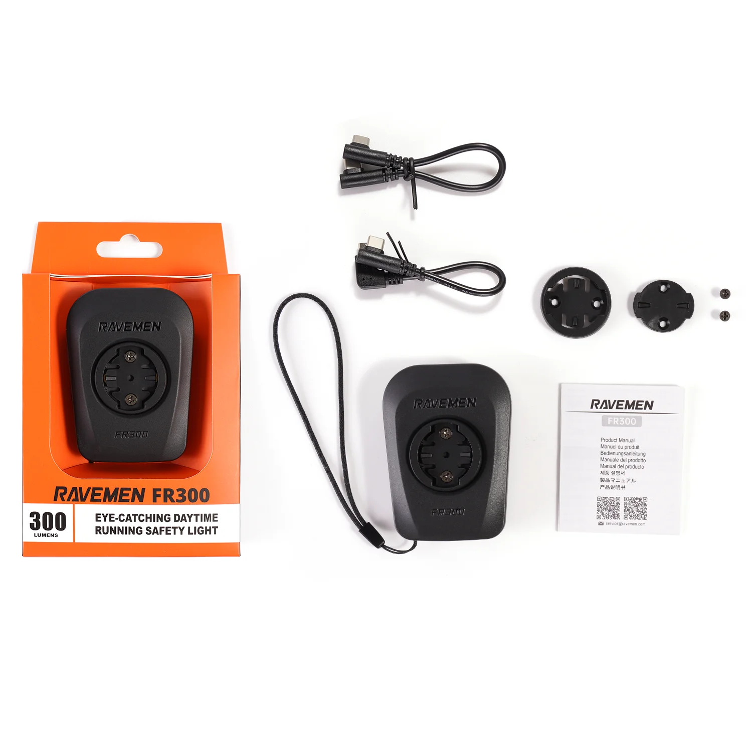 Ravemen FR300 safety light with packaging, cable, and accessories on a white background