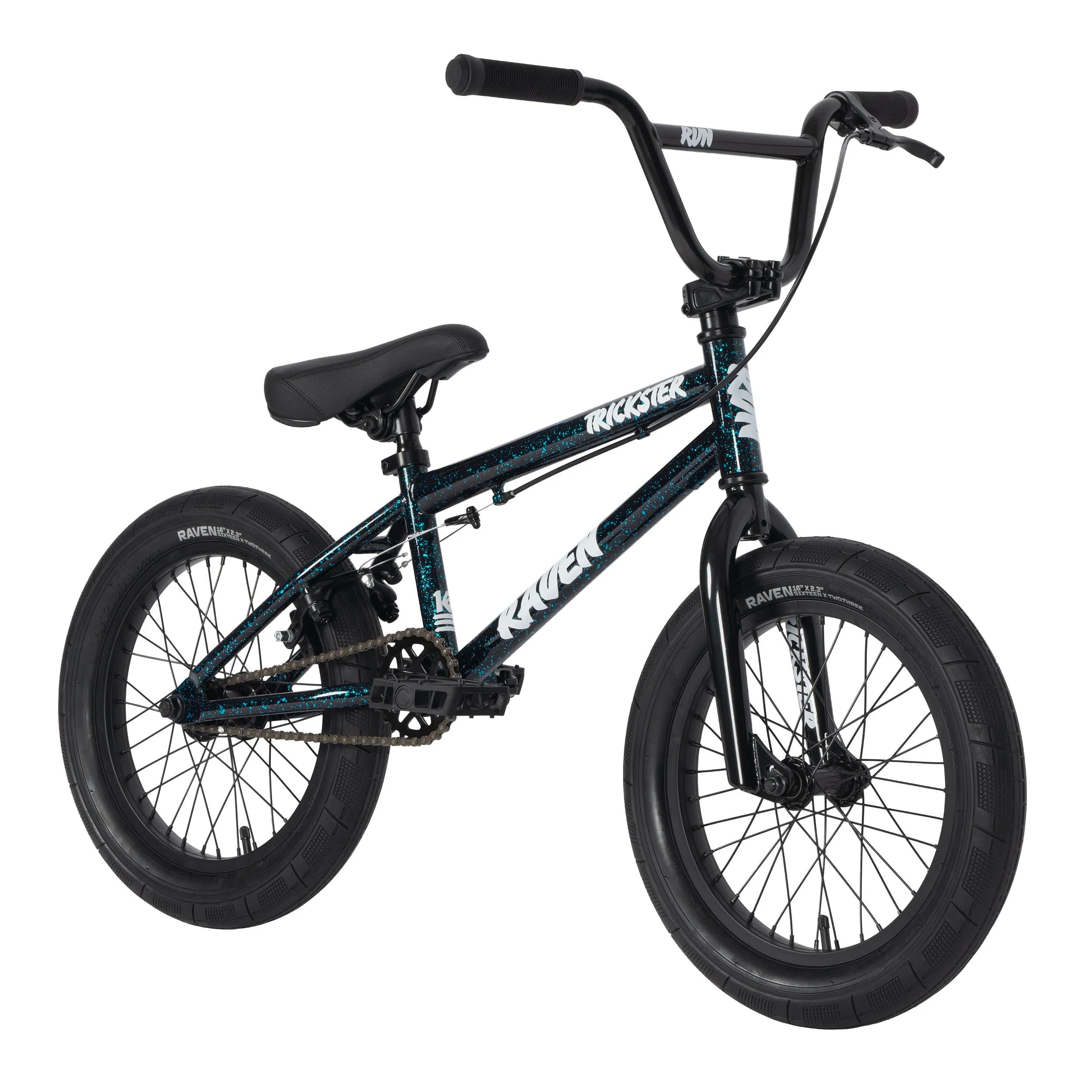 Black and teal BMX Bike with 'Raven' branding on a white background