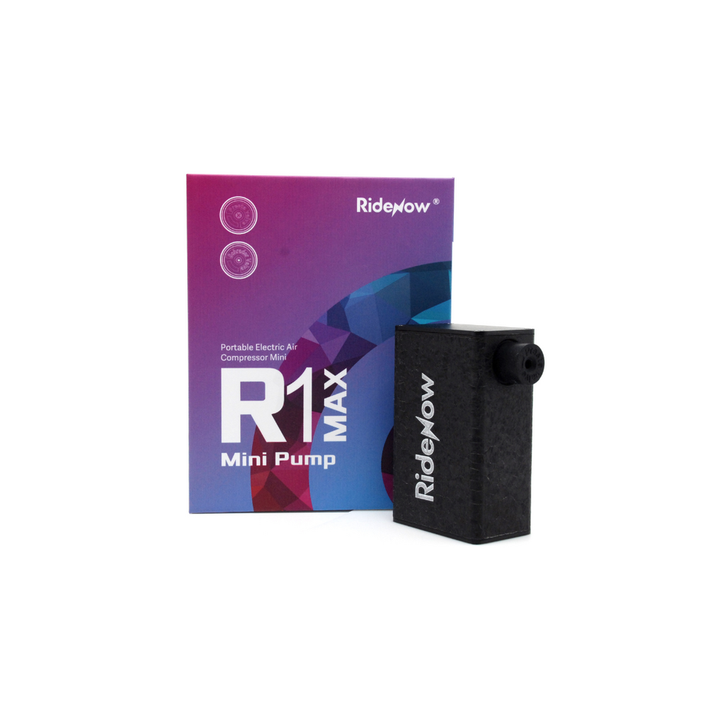 Rideyow R1 Mini Pump portable electric air compressor next to its purple and blue retail packaging box on a white background.