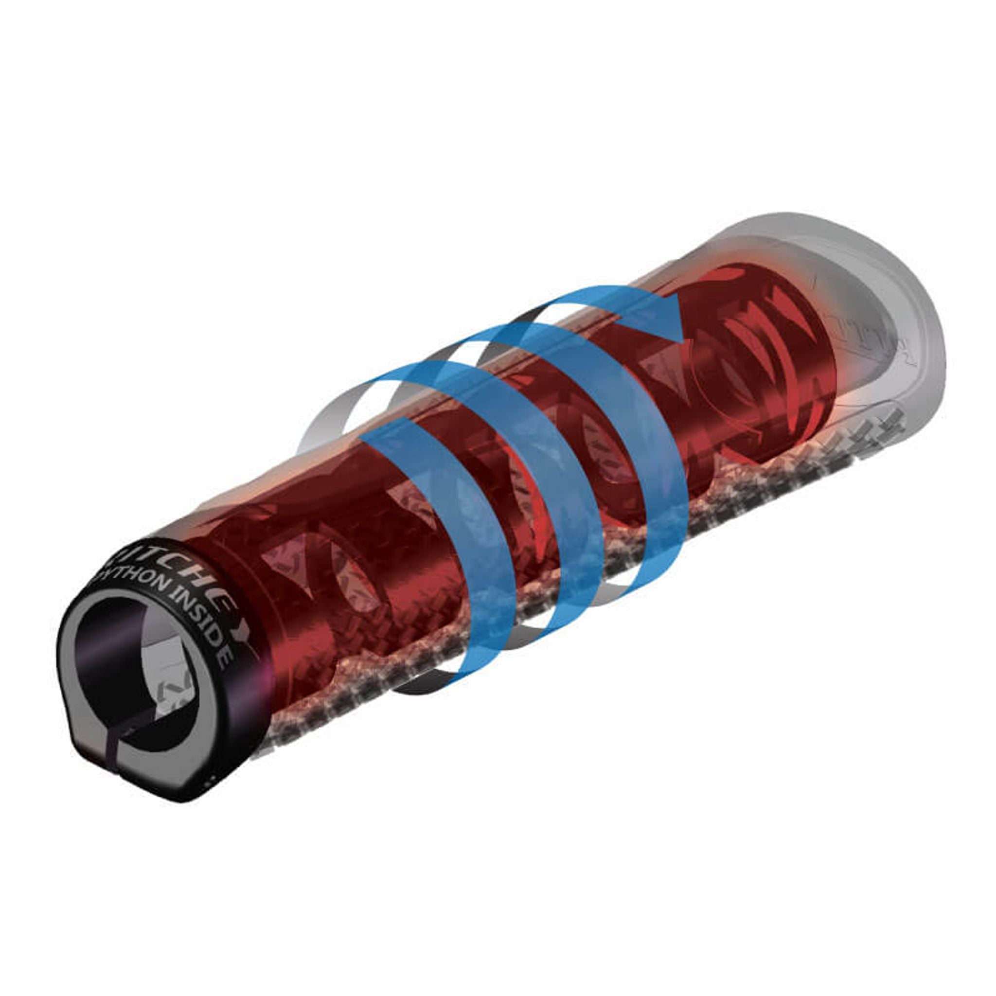 Red cylindrical object with blue bands on a white background