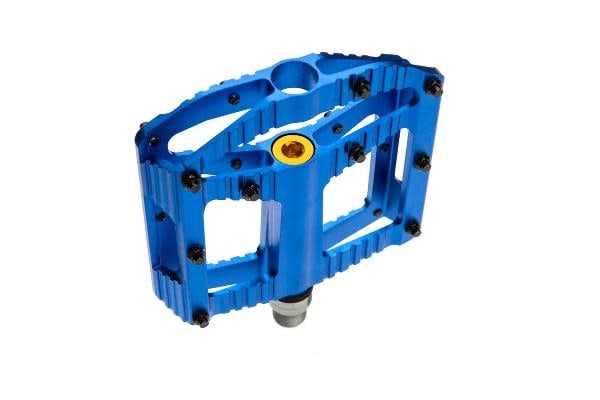 A blue platform mountain bike pedal with visible mounting bolts and a yellow logo.