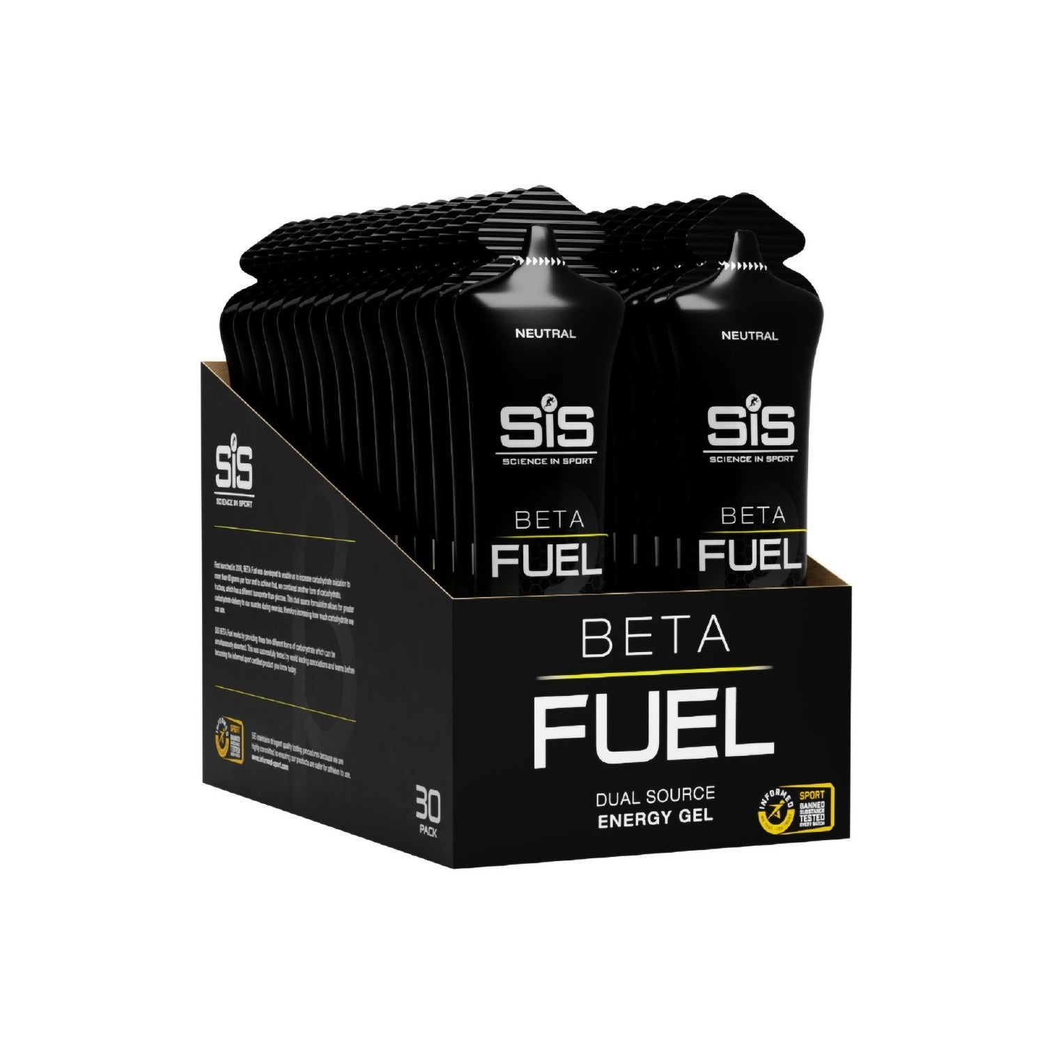 Display box of SIS Beta Fuel energy gel with multiple packets on a white background