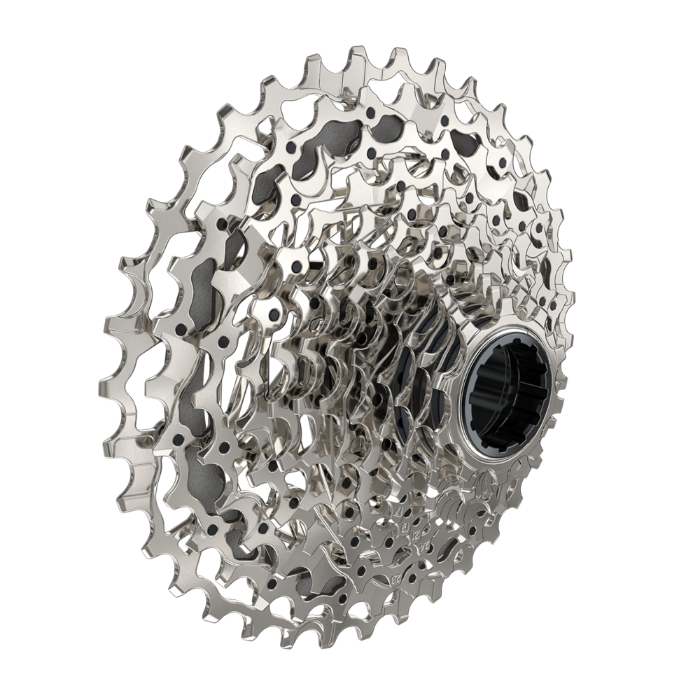 Silver bicycle gear cassette on a white background