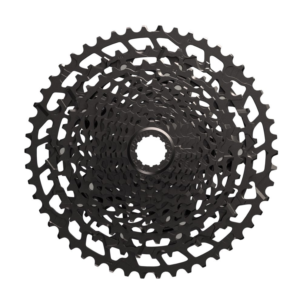 Black bicycle gear cassette on a white background