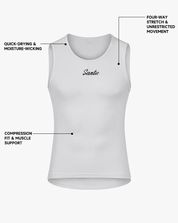 White sleeveless vest with 'Santic' branding on a white background, featuring text about vest properties.