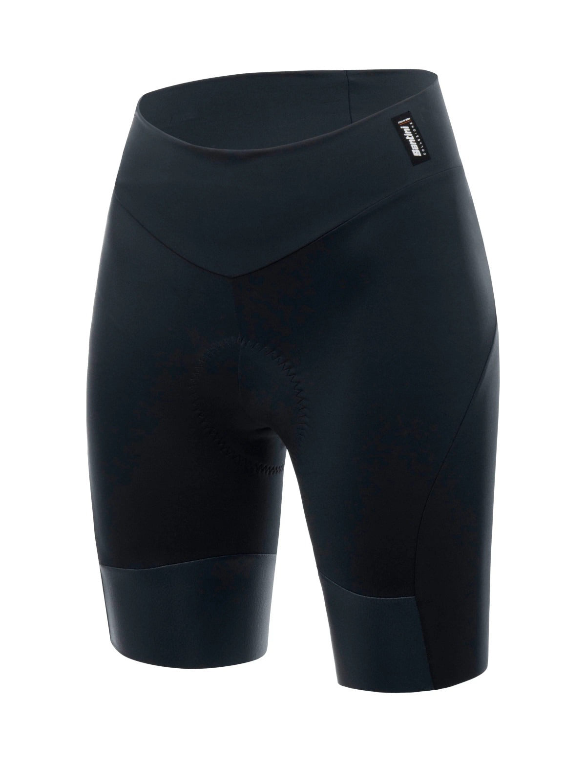 Black cycling shorts with a brand logo on a white background