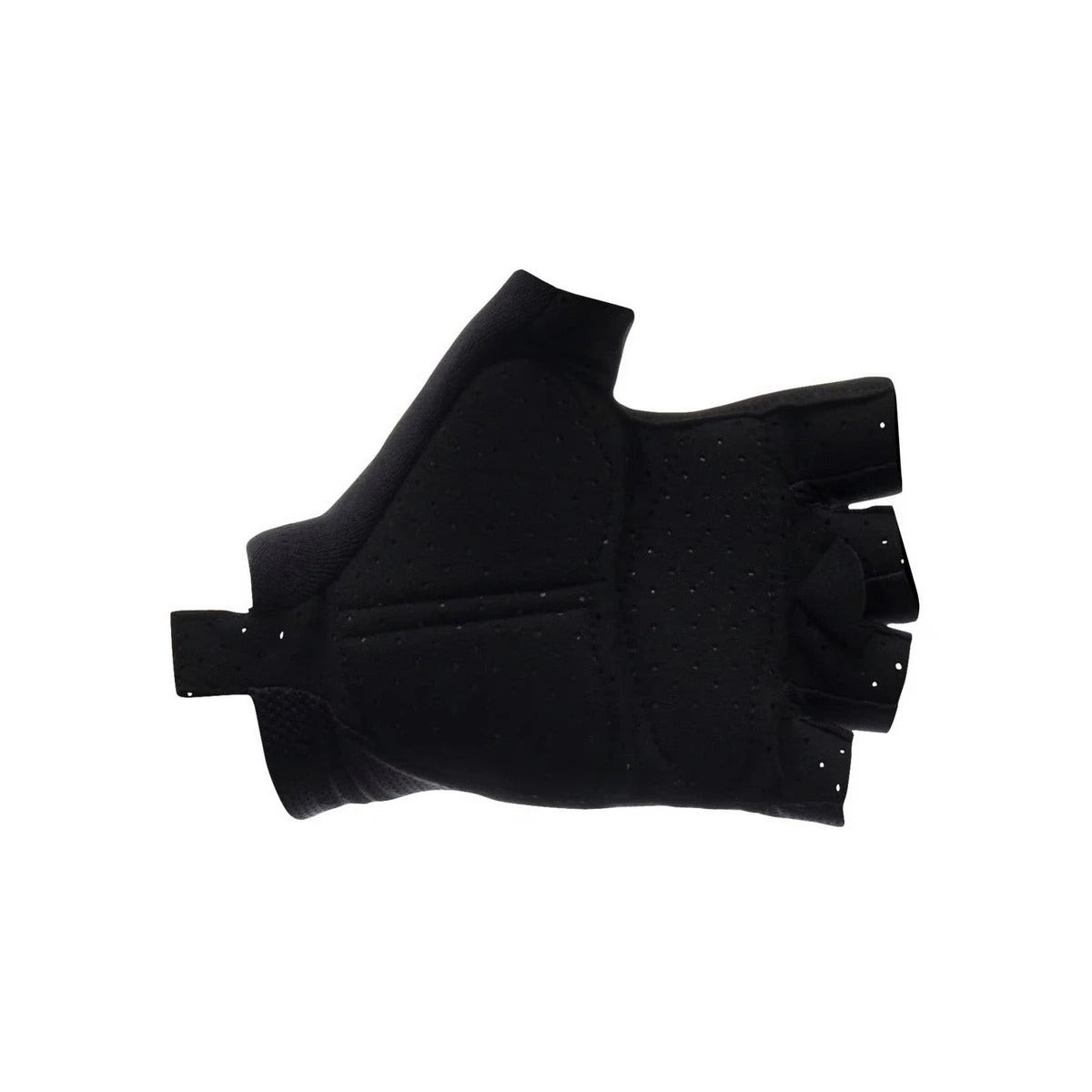 The palm side of a black cycling glove with padding on a white background