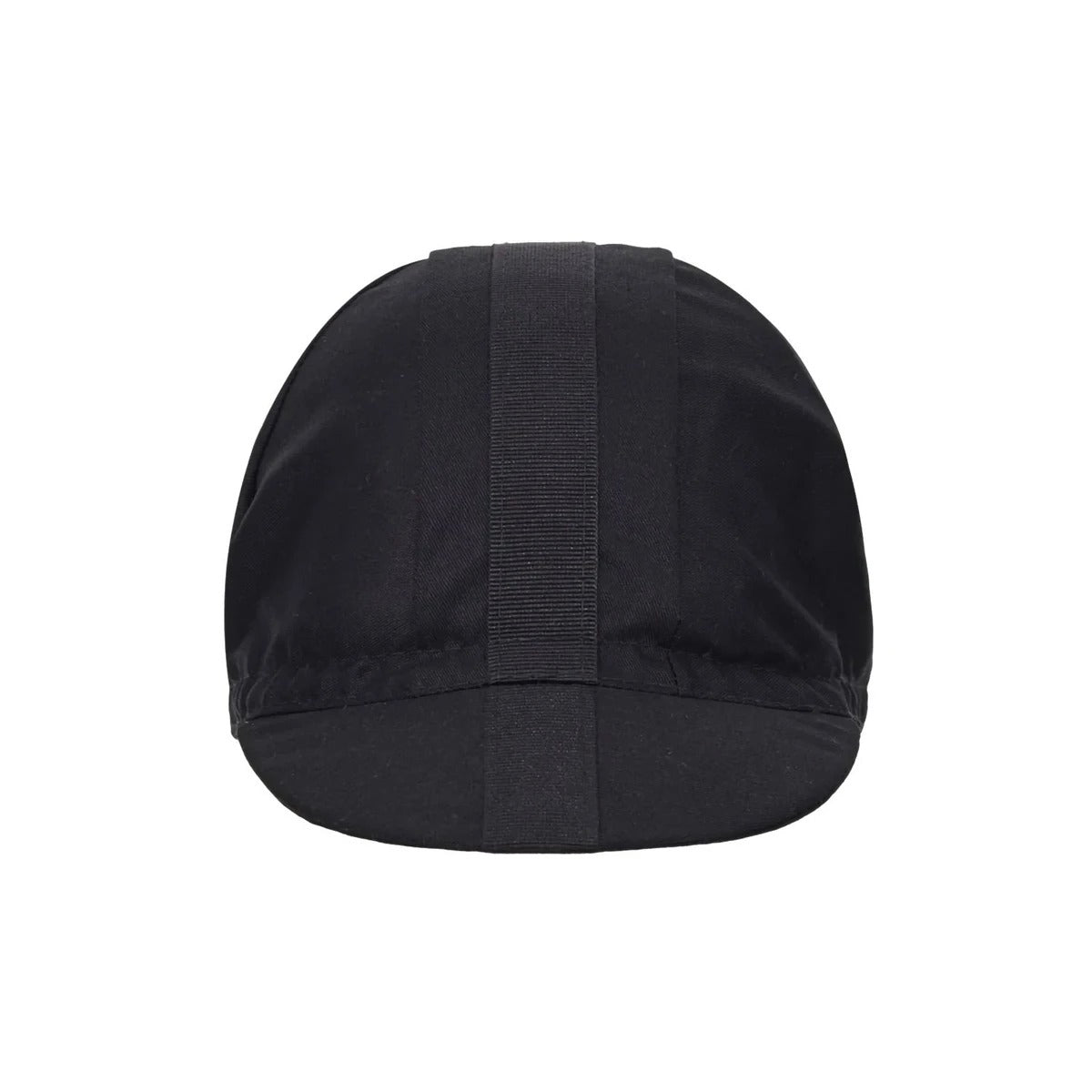 A front view of a black cycling cap with a textured black strip across the top on a white background