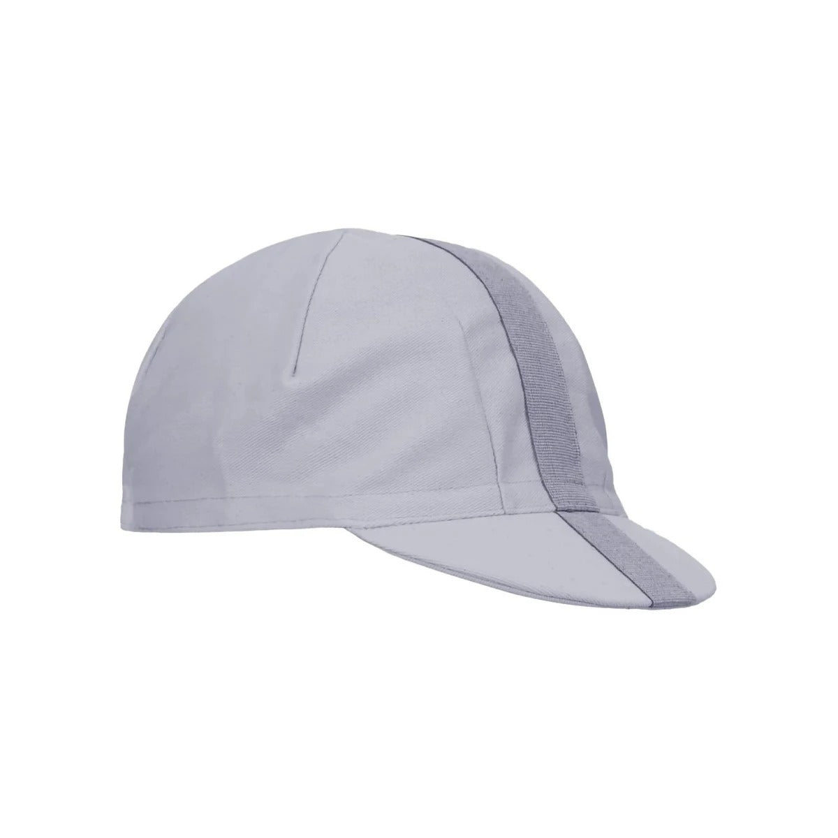 A side view of a grey cycling cap with a darker grey strip across the top on a white background