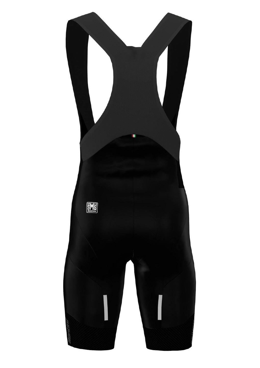 A back view of a pair of black Santini Bib Shorts on a white background