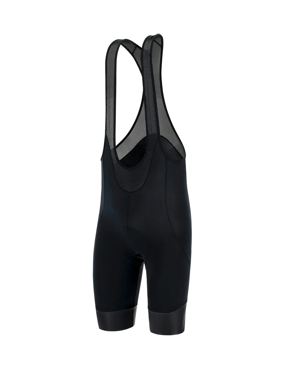 An angled view of a pair of black cycling bibshorts on a white background