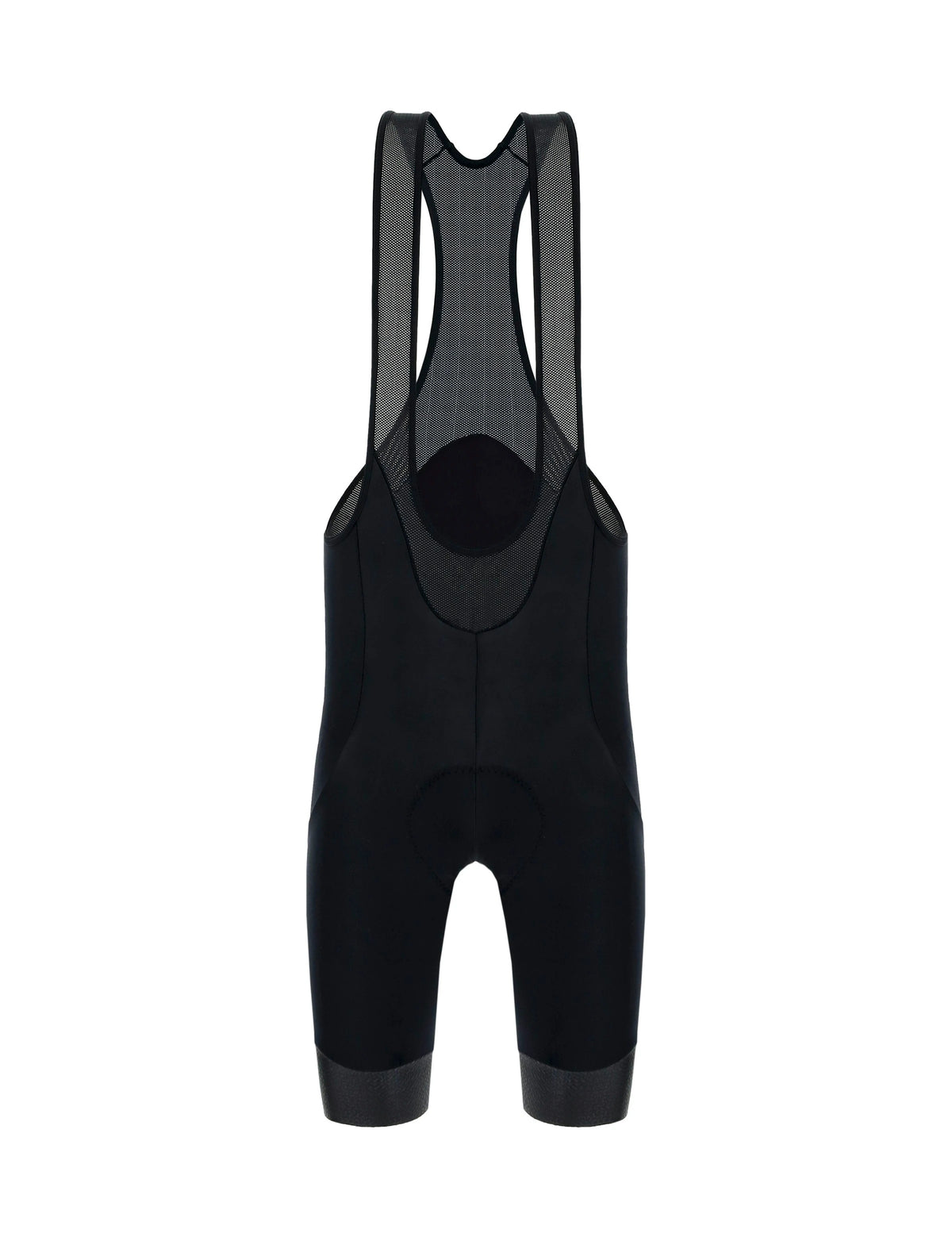 A pair of black cycling bibshorts on a white background