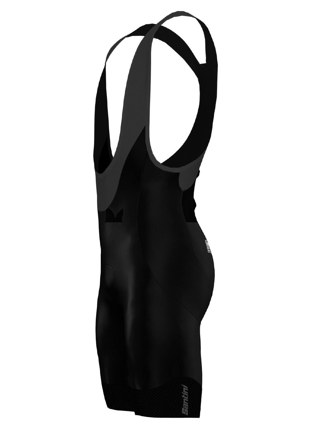 A side view of black Santini Bib Shorts on a white background