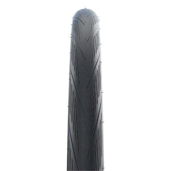 Black bicycle tyre with tread pattern on a white background