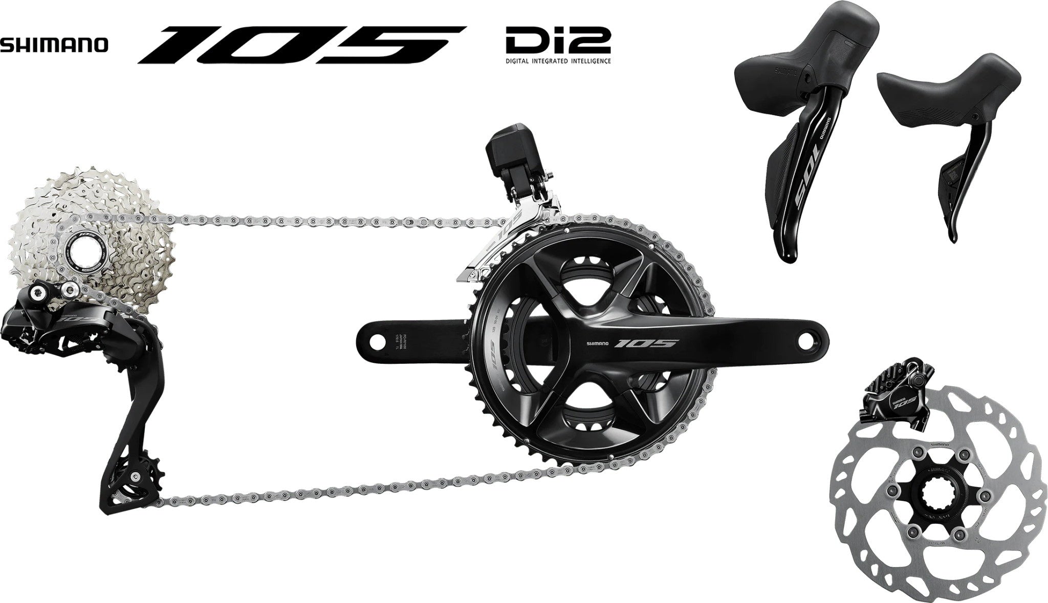 A Shimano 105 Di2 12-speed road bike groupset, including a front crankset, front derailleur, rear derailleur, and other components.