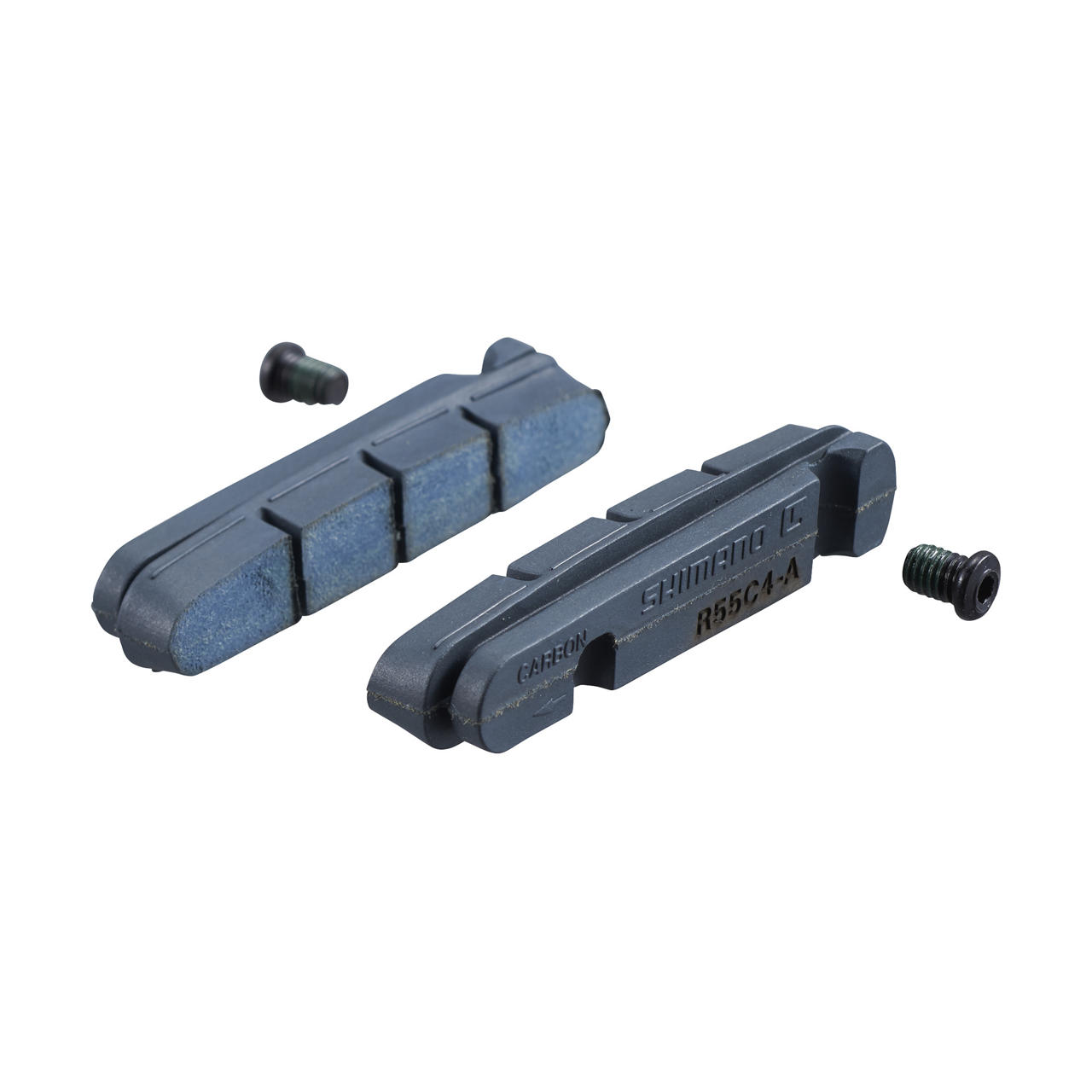 Pair of Shimano bicycle brake pads on a white background