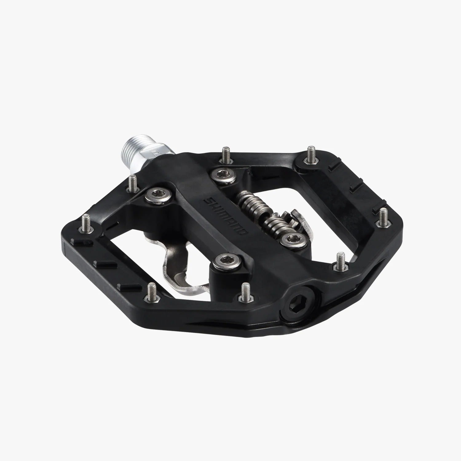 Black bicycle pedal with metallic components on a white background