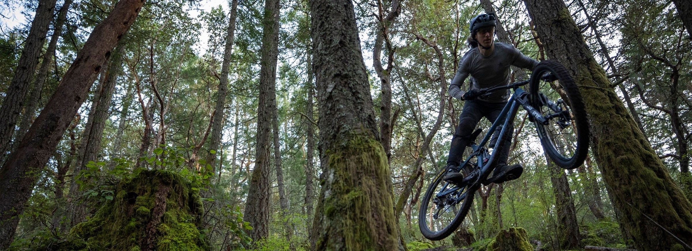 Person jumping a mountain bike with a forest in the background