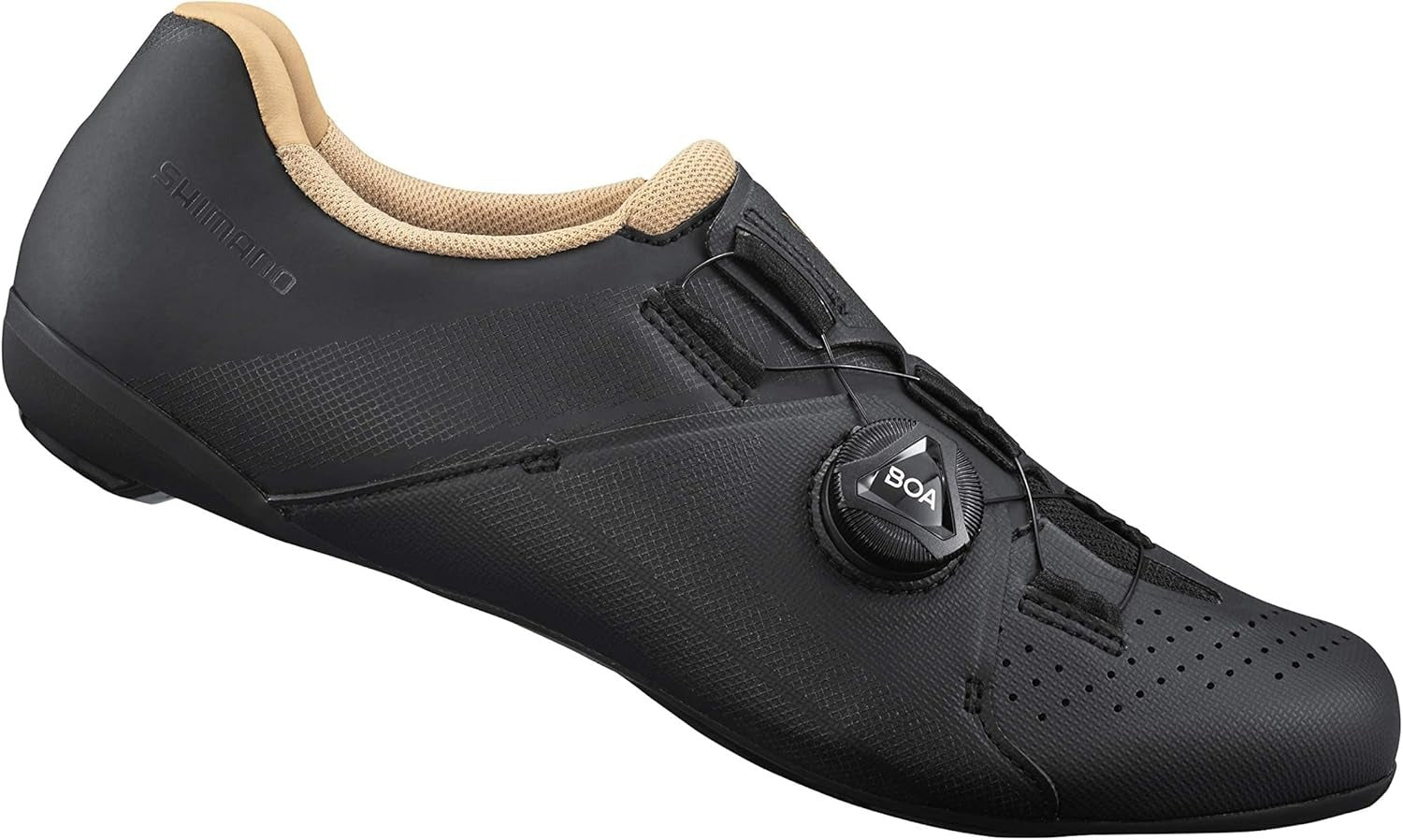 Black Shimano cycling shoe with beige lining on a white background