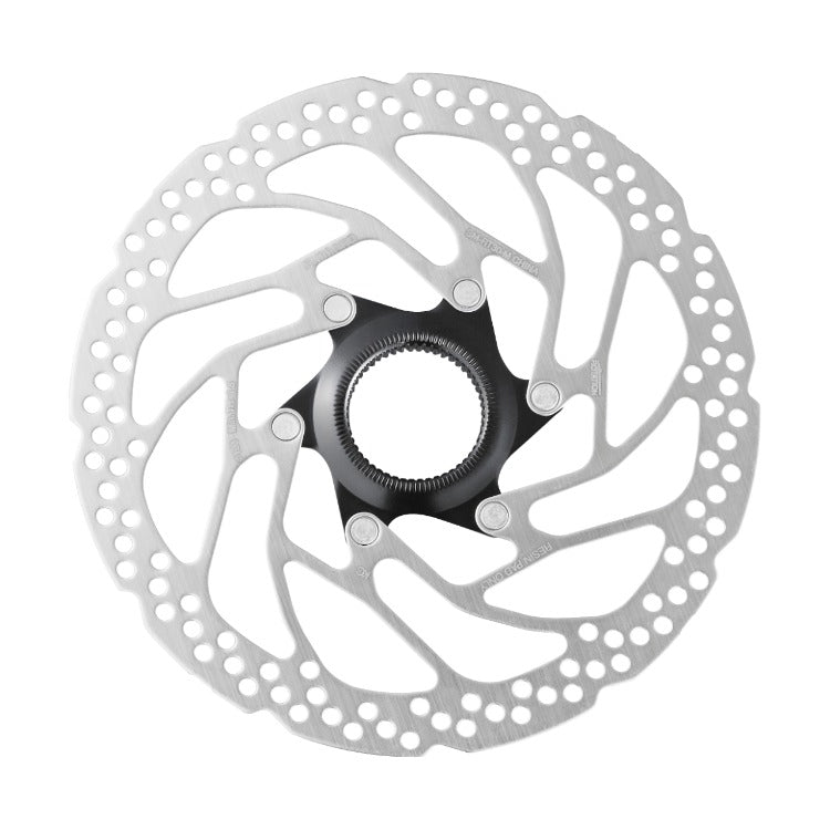 Silver and black bicycle disc rotor on a white background