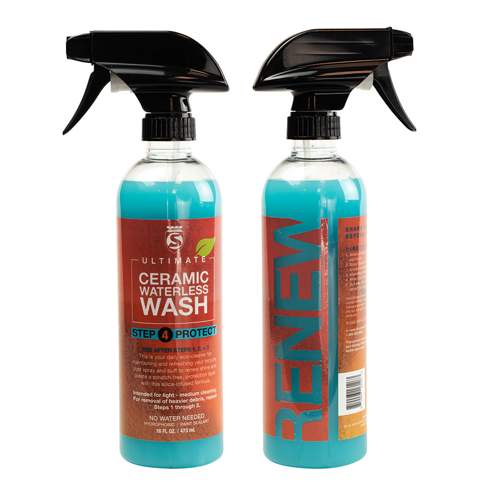 Two bottles of 'Ultimate Ceramic Waterless Wash' with spray nozzles on a white background.