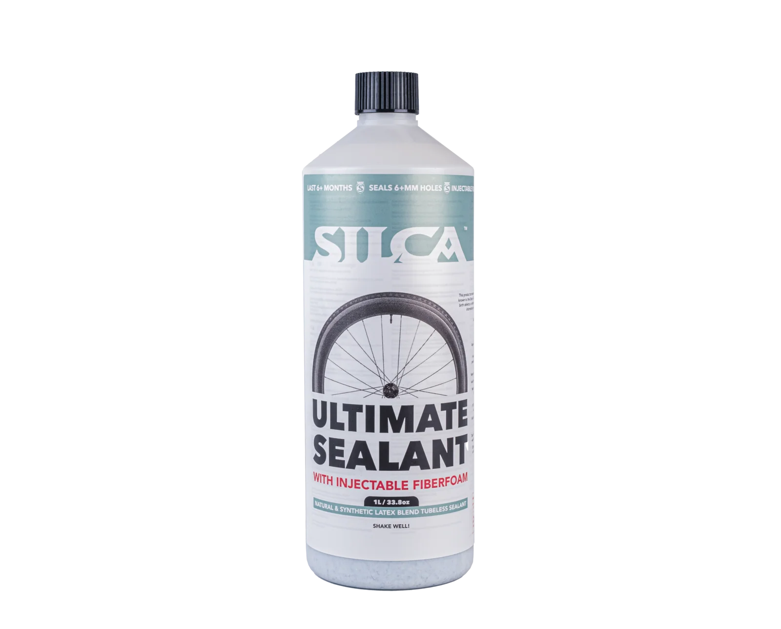 Silca Ultimate Sealant bottle with a bicycle tyre graphic on a white background