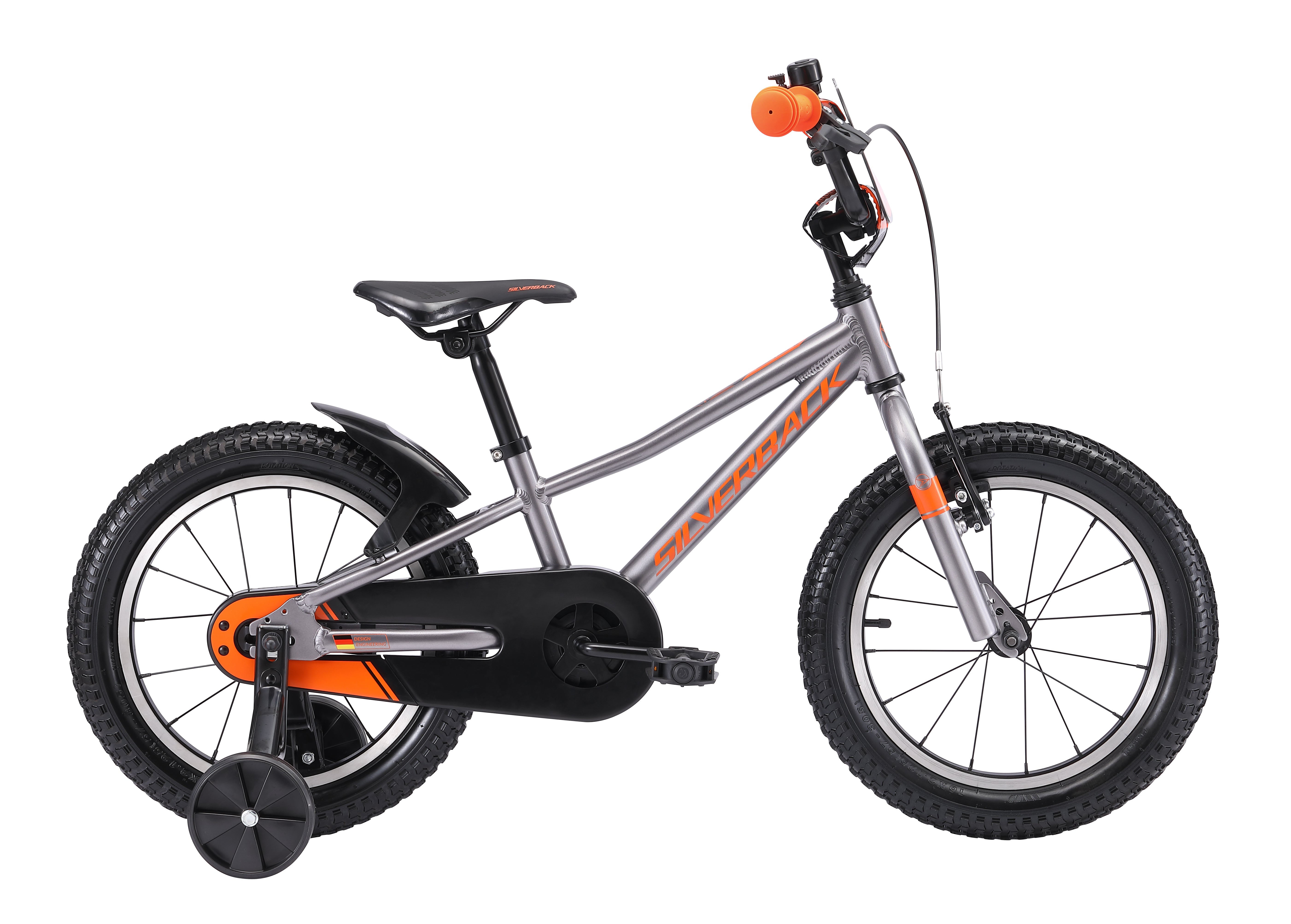 A picture of the silver orange Silverback Skid 16" Boys Bike