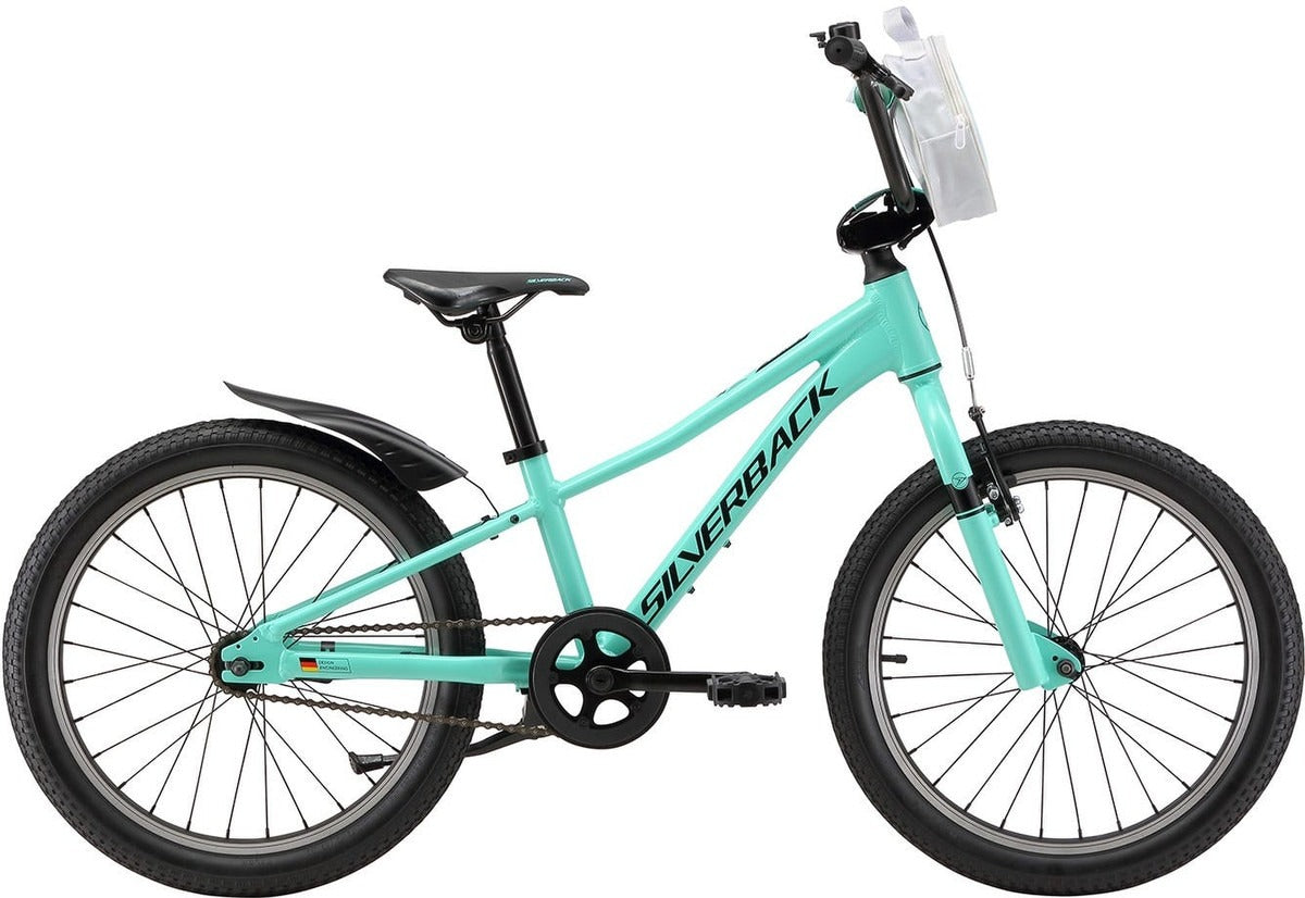 Turquoise Silverback children's bike with black seat and tires on a white background