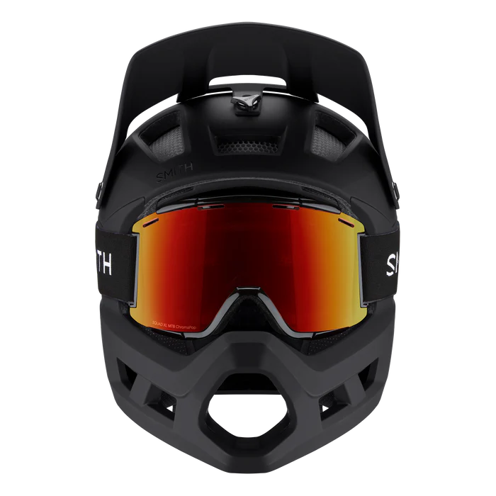 Black Smith full face mountain bike helmet with red-tinted goggles on a white background