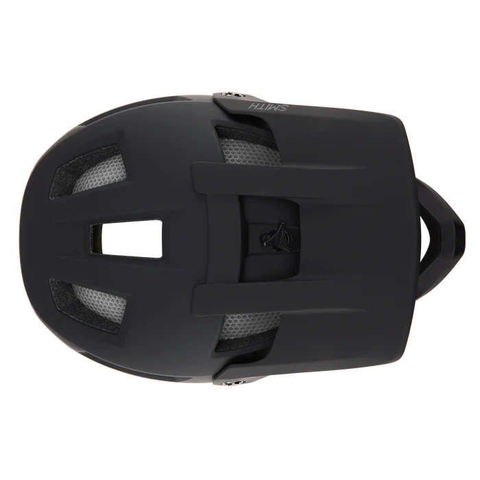 Top of a Smith black full face mountain bike helmet with visible branding on a white background