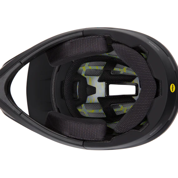 Inside of a Black full face mountain bike helmet with a visor on a white background