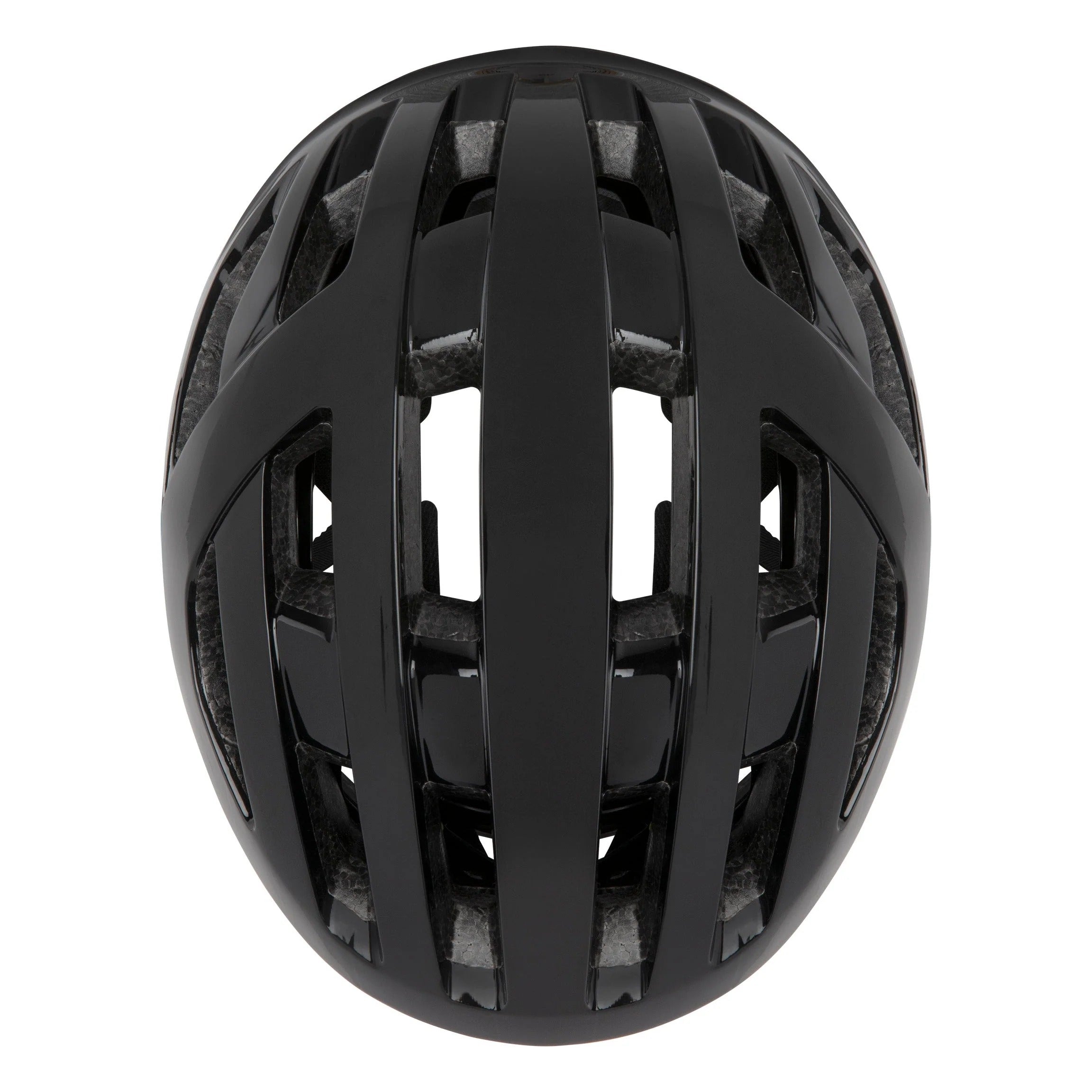 Showing the top of a black road bike helmet on a white background