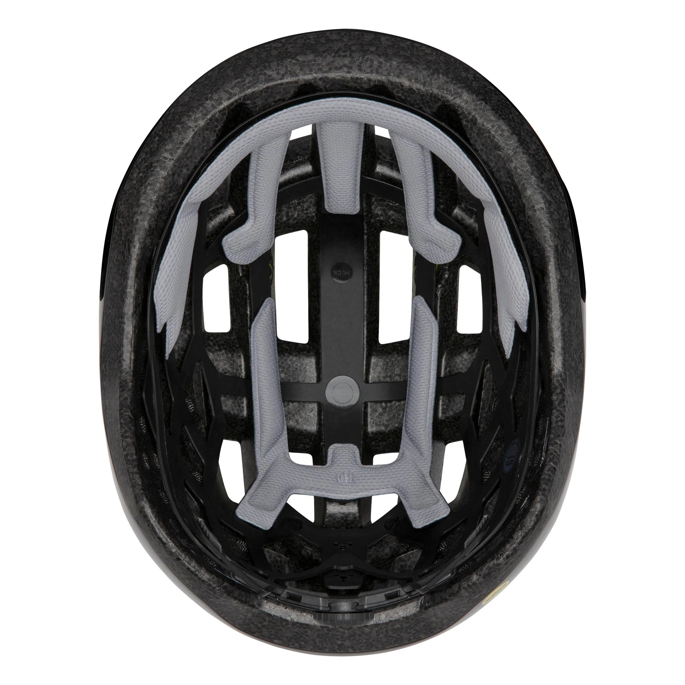 Inside a road bike helmet showing grey padding on a white background