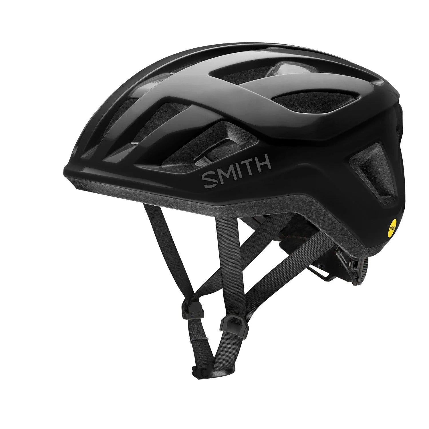 Black road bike helmet with 'Smith' branding on a white background
