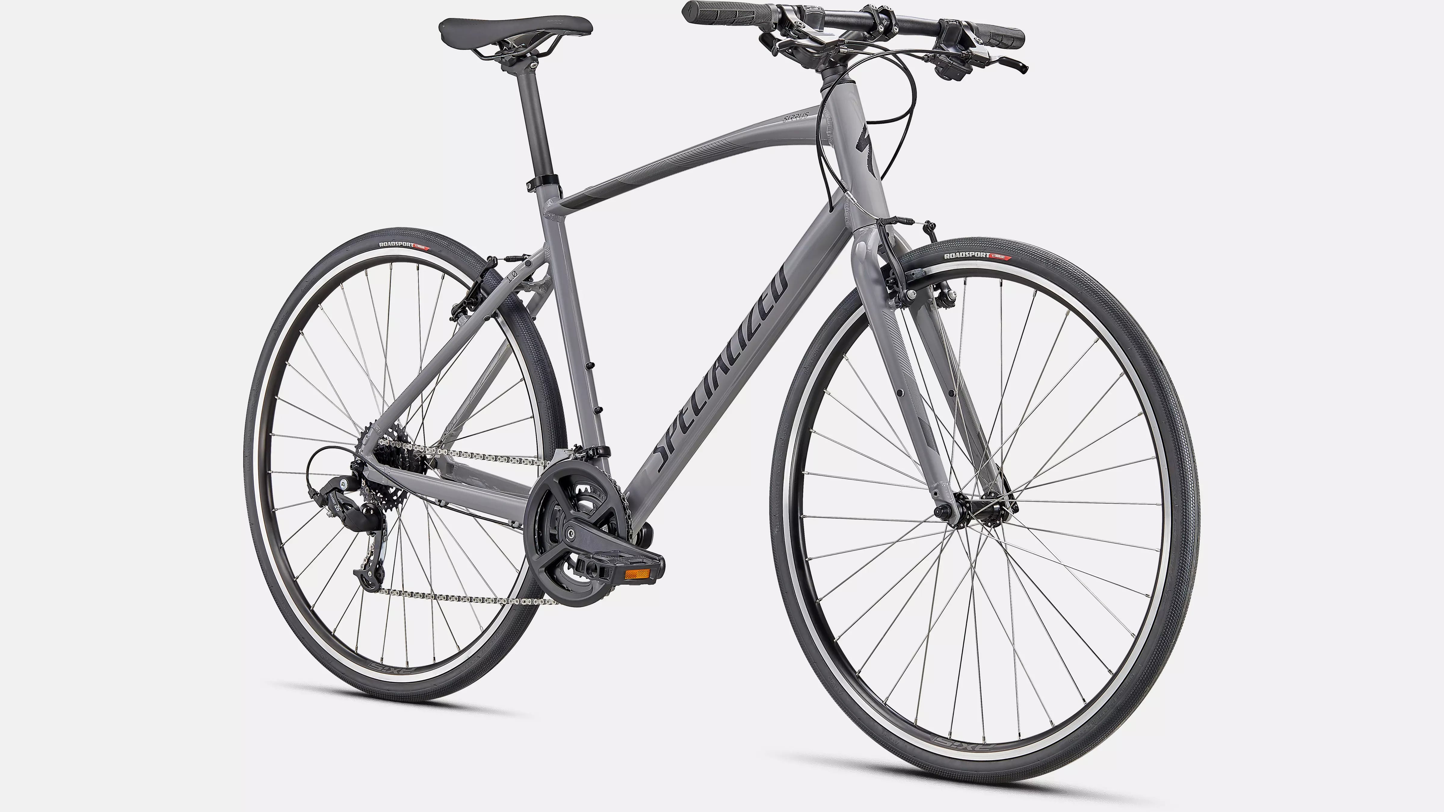 A picture of the cool grey Specialized Sirrus 1.0 Hybrid Bike