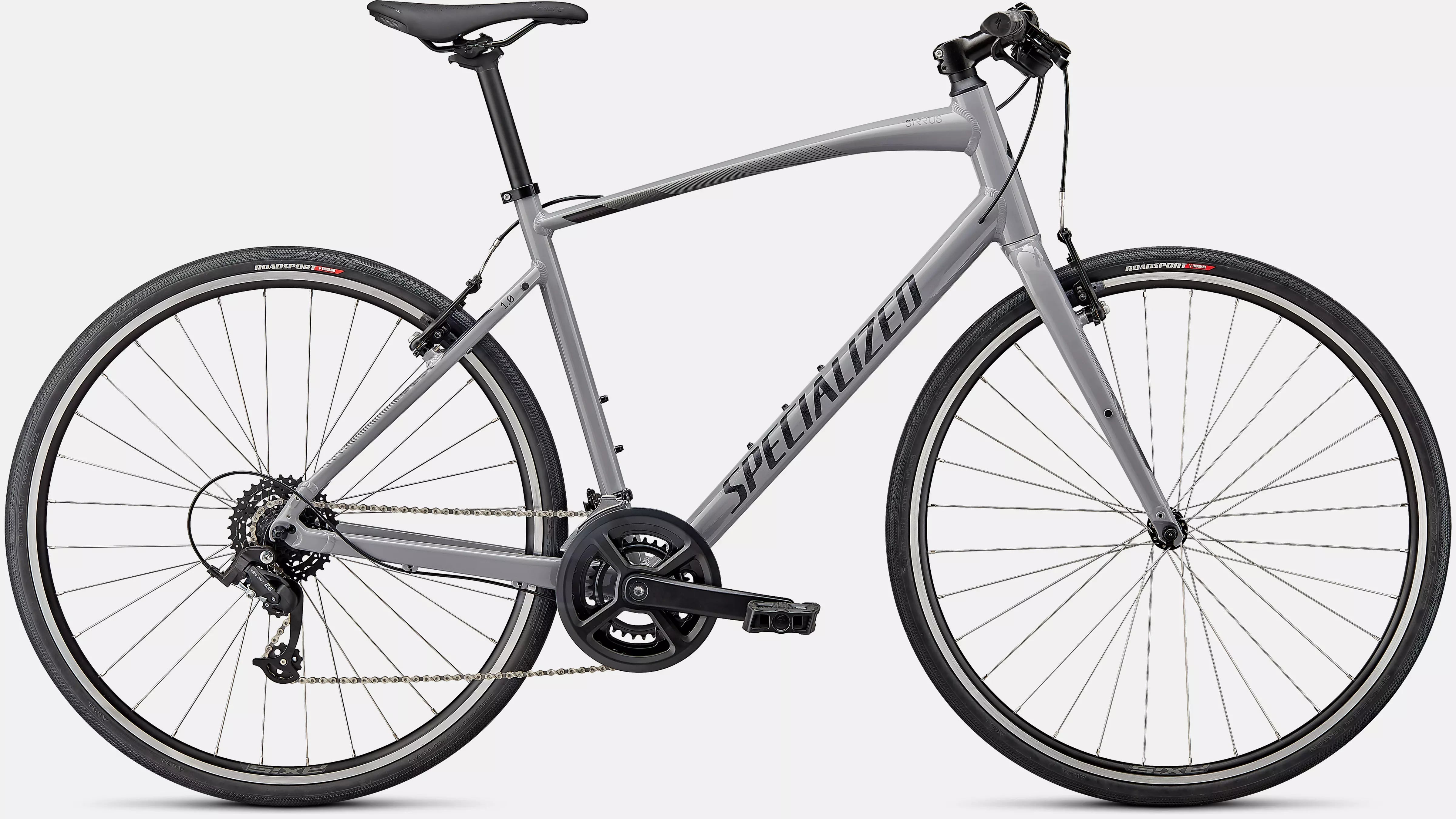 A picture of the cool grey Specialized Sirrus 1.0 Hybrid Bike