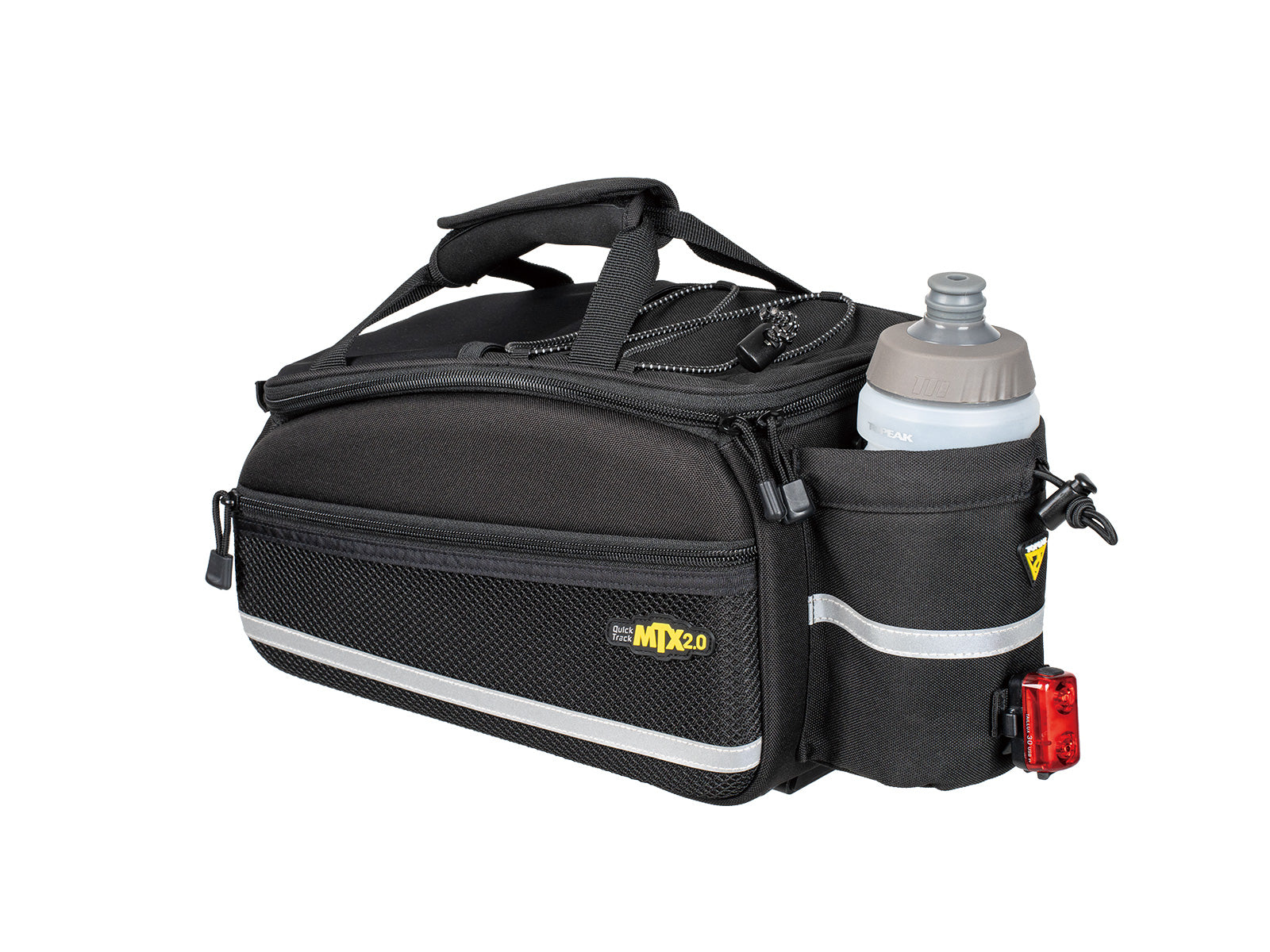 A picture of the Topeak MTX Trunkbag EX 2.0 with a bottle stashed in the back and a rear light attached