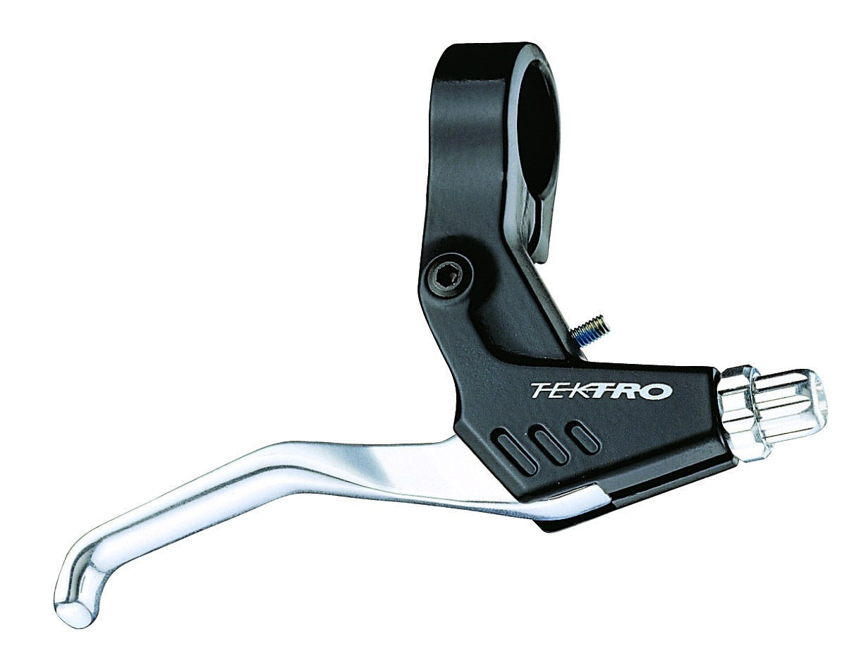 Tektro bicycle brake lever with black housing and silver lever on a white background