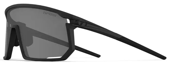 Black sunglasses with a tinted black lens on a white background