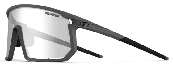 Sunglasses with a black and grey frame and clear lens on a white background