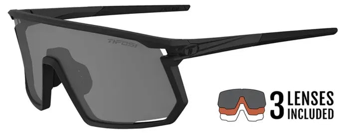 Black sunglasses with a side view and inset showing three lens options on a white background.