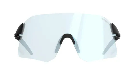 Sunglasses with a clear lens with blue tints with black frames on a white background