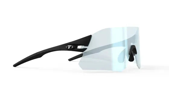 Sunglasses with black frame and clear lens on a white background