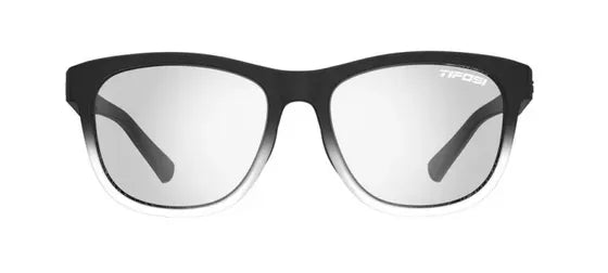 Black sunglasses with reflective lenses on a white background